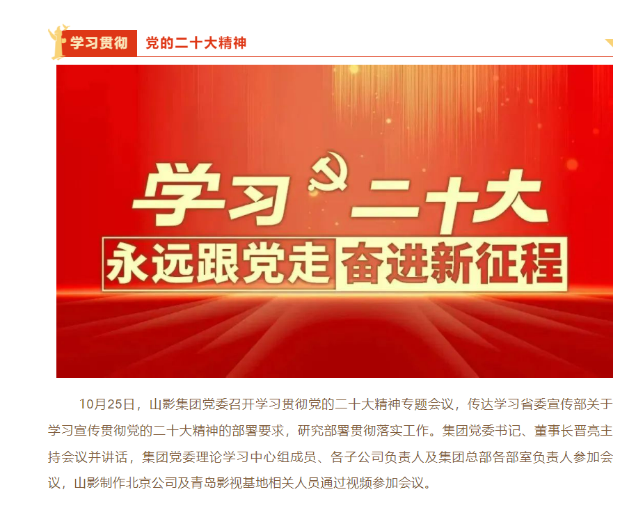 山影集團(tuán)黨委召開(kāi)學(xué)習(xí)貫徹黨的二十大精神專(zhuān)題會(huì)議